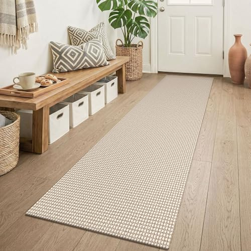 KOZYFLY Runners for Hallways 2x6 ft Washable Kitchen Runner Non Slip Rubber Backed Hall Runners Cotton Entryway Runner Rugs Floor Carpet for Indoor Backdoor Bedroom Kitchen, Ivory/Khaki
