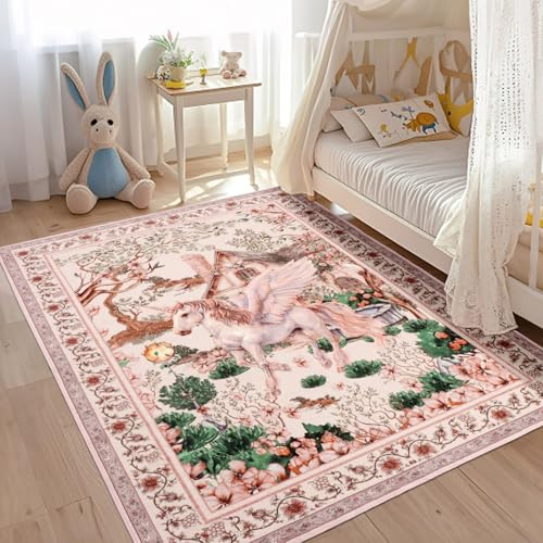 Geanup Einhorn Teppich Wohnzimmer 120 x 180 cm, Rosa Fantasy Teppich Kinderzimmer Mädchen rutschfest, Kurzflor Waschbarer Blumenmuster kinderteppich für Kinder Schlafzimmer Esszimmer Studie