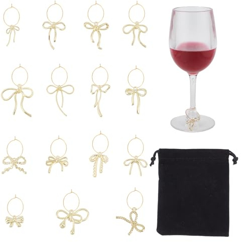 NICENEEDED 15 PCS Wine Glass Charms, Gold Coquette Bowknot Drink Tags for Stem Glasses, Bow Drink Markers Identifier for Bachelorette Party Wedding