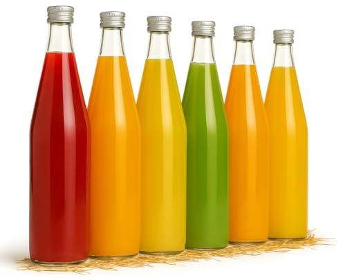 Vitrea 12 leere Glasflaschen 700ml P-Bauch Schraubverschluss Silber - Flaschen zum Befüllen mit Deckel - für Saft, Getränke, Likör, Öl, Saucen (Wasser Silber, 700 ml PP28)