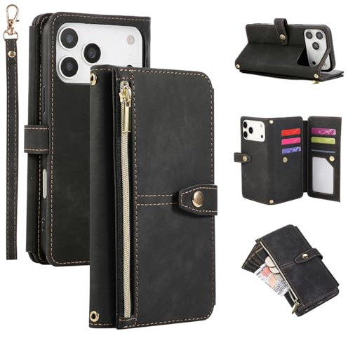 UEEBAI Fodral för iPhone 17 Pro, 9 kortplatser retro läder plånbok stötsäkert flip-fodral med handledsrem stativfunktion dragkedja mobiltelefonfodral magnetlås plånbok, retro svart