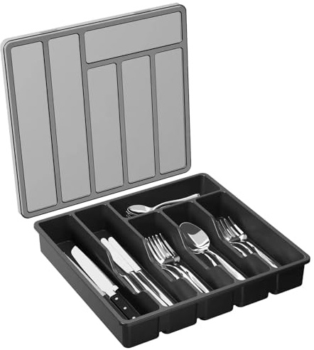 Vesto Di Argenteria – Organizador de cubiertos | Bandeja para cubiertos cajones de cocina | Cubiertos utensilios con tapa | Contenedor del cajón | 6 compartimentos contenedor utensilio con tapa