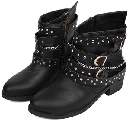 JXpxbao Damen Stiefeletten Biker Boots - Stiefel Mit Nieten Blockabsatz Bequeme Herbst Winter Frauen Schuhe Schnallen Vintage Cowboy Ankle (Schwarz,39)