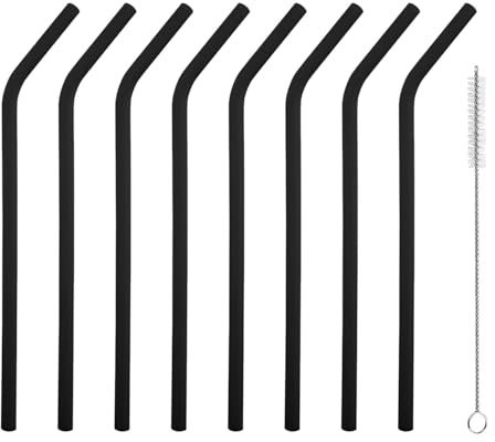 iJiGui 8 Pack Silicone Reusable Straws, with Cleaning Brush(Black) | Black Drinking Straws, Replacement Straws Reusable Straws for Cocktail, Juice, Milkshake, Soda
