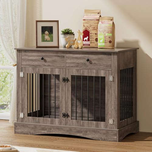 The Fellie Large Dog Crate Furniture, Wooden Dog Cage with Drawer Storage, Lockable Wood Animal House for Large Dogs, Furniture-Style Wood Dogs Crate with Double Doors, End Table, 113x60x87.5cm, Grey