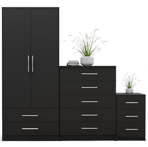3-Piece Bedroom Furniture Set – 2 Door Wardrobe with Drawers + 5 Drawer Chest + 3 Drawer Bedside Cabinet – Modern Bedroom Set in Multiple Color options - Fully Assembled (Black)