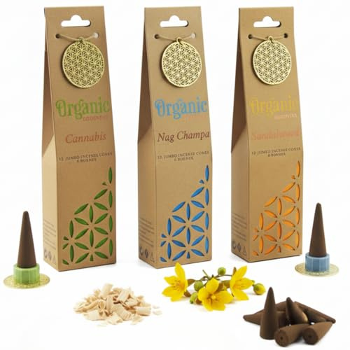 Räucherkegel 3er Set - Sandelholz Nag Champa & Wild Herbs 36 Stück | 36 Räucherkegel mit Halter und 40 bis 50 Minuten Brenndauer - ideal für Meditation, Yoga, Rituale und Wellness