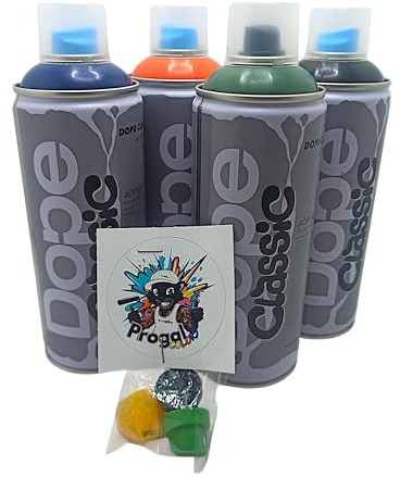 DOPE CLASSIC 4 x 400 ml Acrylique Graffiti Sprays 400 ml Basse Pression 4 Couleurs (BLEU, ORANGE, VERT, NOIR), avec 3 buses de rechange, art urbain