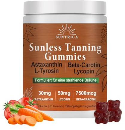 Sunless Tanning Gummies, Selbstbräuner Bräunungs Gummibärchen Astaxanthin, L-Tyrosin, Lycopin, Unterstützt die Bräune Shine Brown und Schützt die Hau, Einen Strahlenden Teint, 60 Gummies