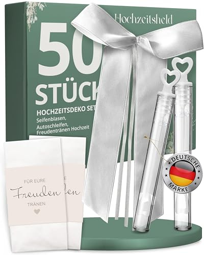 HOCHZEITSHELD Hochzeitsdeko Set mit je 50 Stück Seifenblasen Hochzeit, Autoschleifen-Hochzeit & Freudentränen Taschentüchern - Perfekt fürs Standesamt oder Kirchenauszug, Autoschmuck Deko Auto