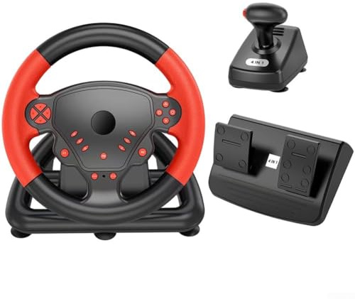 Kabelloses Rennrad mit Konnektivität, ergonomisches Gaming-Lenkrad-Set mit Pedalen für PS4, PC, Android, Smart TV und iOS – ABS-Material, Rot