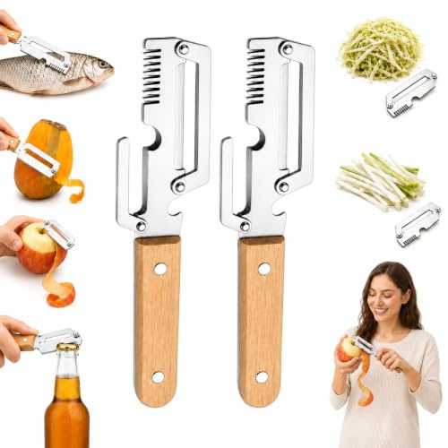 2PCS Éplucheur de légumes multifonction pour la cuisine 5 en 1 | Éplucheur Légumes, lame en acier inoxydable, manche en bois ergonomique, Décapsuleur, Écailleur à Poisson, Coupe-Oignon