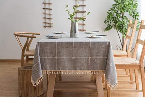 Lanqinglv Quaste Tischdecke 140x220 Grau Kariert Baumwolle und Leinen Tischtuch Rechteck Couchtisch Tischdecke Gartentischdecke Abwaschbar Küchentischabdeckung für Speisetisch (140x220,Grau)