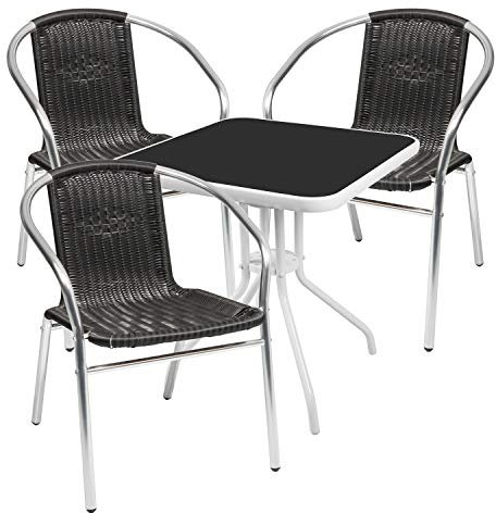 Mojawo® Bistrogarnitur 4-teilig Bistrotisch Metall/Glas weiß/schwarz Bistroset eckig 60x60cm + 3 Stapelstühle Aluminium/Polyrattan Schwaru