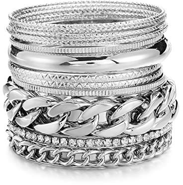 Ensoul Shiny Silver Color Multiple Textured Metal Bracelets & Bangles Set 14Pcs/Set W/Rhinestones