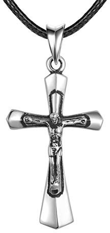 Daesar Herren Halskette Anhänger Silber Christentum Jesus Kreuz Anhänger mit Schwarzem Seil 20 Inch Kette Silber 925 Partnerkette für Beste Freunde