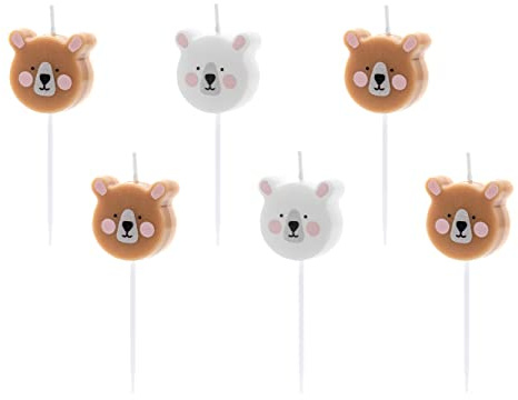 PartyDeco Geburtstagskerzen Teddybär 3cm 6er Set Kuchenkerzen Tortendeko Kindergeburtstag braun weiß