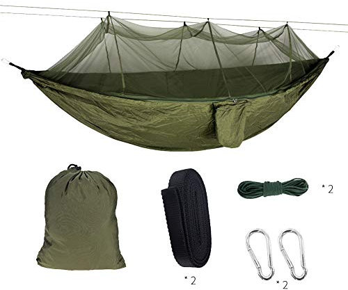 HotYou 2 Personen Hängematte Outdoor mit Moskitonetz Ultra - Licht Atmungsaktiv Hängematte, Schnell Trocknende Fallschirm Nylon Camping Hängematte,Army Green,Kapazität: 250-300 kg