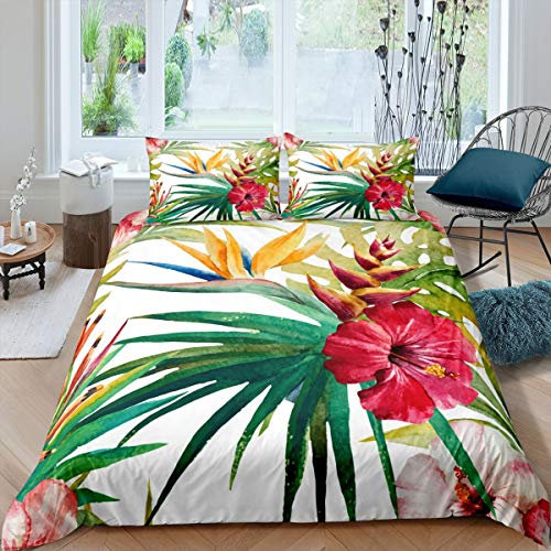 Bettbezug-Set mit tropischen Baumpflanzen, King-Size-Größe mit Reißverschluss, Wasserfarben-rotes Hibiskusblütenmuster, bedruckter Bettdeckenbezug, grün, rosa
