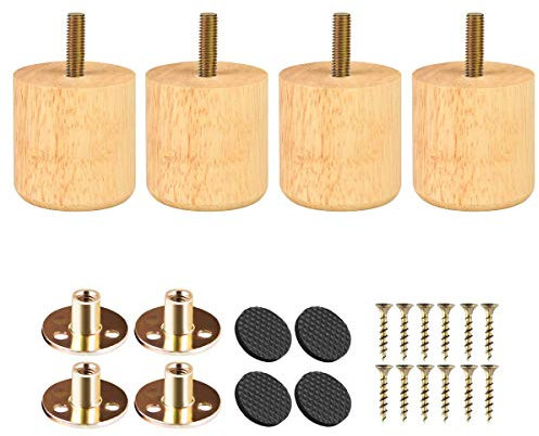 Btowin 2 inch Solid Wood Furniture Legs, 4Pcs Modern Round Wooden Bun Feet with Threaded M8 Hanger Bolts & Mounting Plate & Screws for Sofa Couch Cabinet Bed