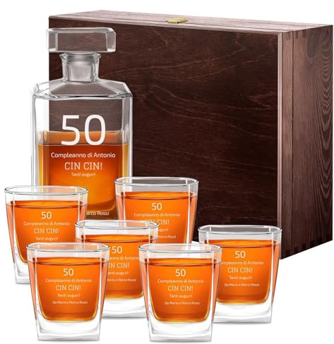 Maverton Decanter per Whisky in vetro, incisione personalizzata | Caraffa in vetro da 700 ml + 6 Set bicchieri whisky, idea regalo per l’uomo, compleanno