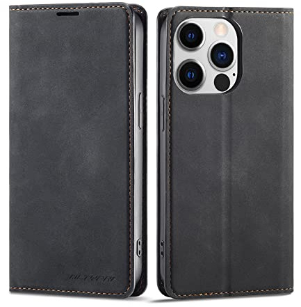 QLTYPRI Hülle für iPhone 13 Pro Max, Premium Dünne Ledertasche Handyhülle mit Kartenfach Ständer Magnetverschluss Flip Schutzhülle Kompatibel mit iPhone 13 Pro Max - Schwarz | Retro PU Leder Klapphülle, Handyhülle mit 3 Kartenfächer, Standfunktion, Weicher Dünne TPU-Rahmen, Stoßfeste Flip Wallet Case