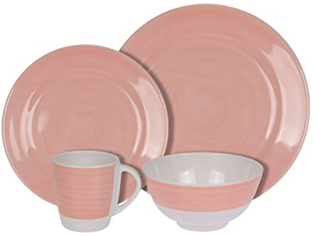 HEKERS 100% Melamin Geschirr Spring elfenbeinweiß/rosa rund - Set 24-Teilig 6 Personen - Outdoor Picknick Camping Spülmaschinenfest