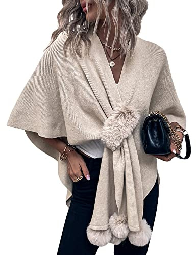 Geagodelia Poncho Cape Femme Hiver Chaud Écharpe Châle Foulard Elégant en Tricot Gilet Cardigan Chic Manteau Épais avec Pompons (Abricot, One Size)
