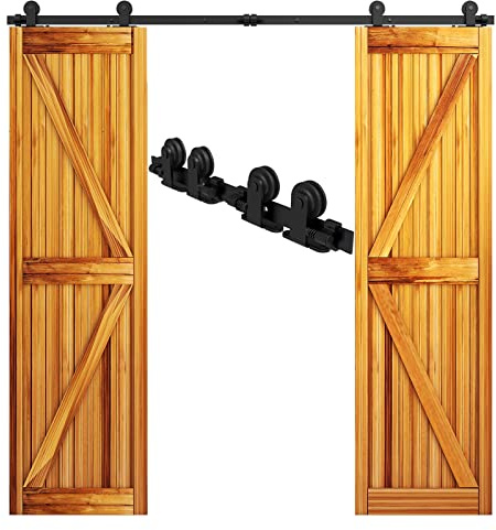 WOLFBIRD 274cm (9FT) Schiebetürbeschlag Doppeltür Schiebetürsystem Komplett-Set für 2 türen,Oberteil T Rollenaufhänger, Schwarz