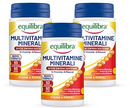 Equilibra Integratori Alimentari, Multivitamine e Minerali, con 12 Vitamine e 6 Minerali con Luteina, Indicato per Diete Povere di Vitamine o Aumentato Fabbisogno, 3 Pezzi da 60 Compresse