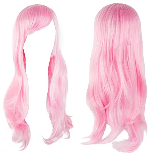 Lange Lockige Perücke, 28 Zoll/70cm Rosa Cosplay Perücke für Frauen, Perücken mit Pony, Damen Perücke Lang, geschichtete, für Alltag Anime Cosplay Kostümparty Halloween Karneval