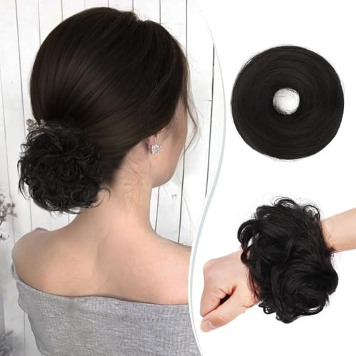 RUWISS Haarteil Lang Dünn Glattes Tousled Updo Bun Rea Echthaar Elegante Haarteile Haargummi Lang Scrunchie Verlängerungfür Damen,25g,Aus Schwarz