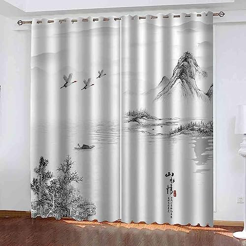 Vorhang Blickdicht Ösen Thermo Verdunkelungs Polyester Gardinen 2 Stück 3D Chinesische Tuschelandschaft Für Schlafzimmer Wohnzimmer Kinder Oder Babyzimmer 280 X 180 cm (B X H) - Bedruckte Verdunkelun