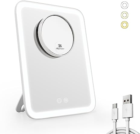 EMKE Kosmetikspiegel mit Beleuchtung, 3 Lichtfarben und 1/3x Fach Vergrößerungsspiegel Schminkspiegel mit licht-180° Drehbar USB Wiederaufladbar, Makeup Spiegel mit Vergrößerung（Weiß）