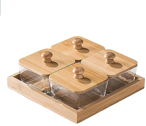 QPZK Bamboo Divided Fruit Tray With Lid,Wooden Divided Serving Tray With Lid,Square Snack Serving Tray,Snack Organizer Fruit Platter Tray for Parties,Candy Storage Box 4