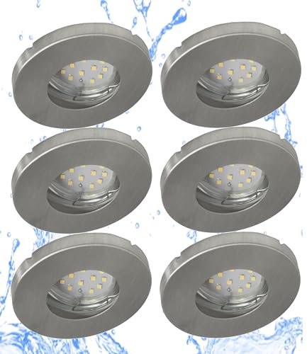 Trango 6er Set IP65 Bad Einbaustrahler 6729IP65-069-5WAK Aluminum gebürstet inkl. 6x 5 Watt GU10 LED Leuchtmittel 3000K warmweiß Außen Einbauleuchte, Bad Leuchte, Deckenspot, Dusche Deckenleuchte