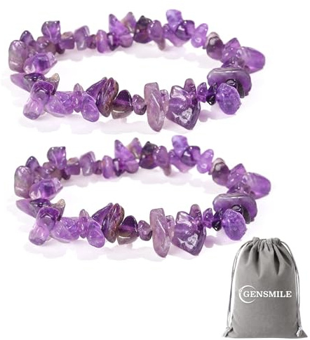 GENSMILE Pulsera de piedra amatista con cadena de piedras de cristal - 2 PCS Pulsera de cuentas de roca natural para damas, piedra de energía de yoga real, regalos de cadena de amatista para mujeres