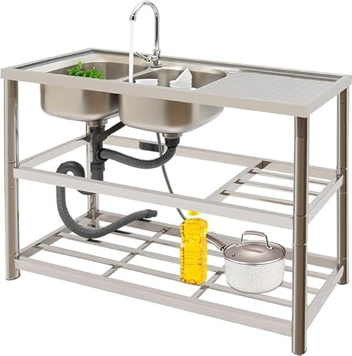 LANNADD 2 Becken Edelstahl Spültisch, Freistehendes Spülbecken Aus Edelstahl, Gewerbliche Spülbecken Große Spülbecken Geeignet für Restaurants Kantinen Cafés und Werkstätte (120 X 45 X 80Cm)
