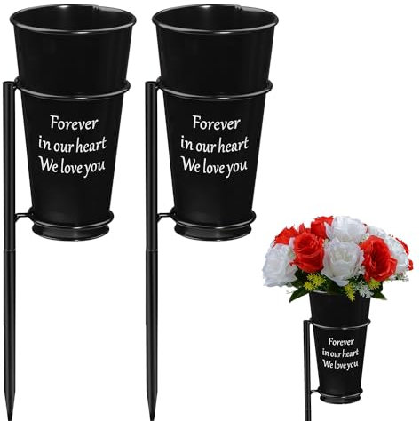 Metal Cemetery Vase, Memorial Headstone Vase with Ground Spikes for Artificial Flowers, Flowers Holder for Cemetery Grave (Black-2PCS), Flowers is not included