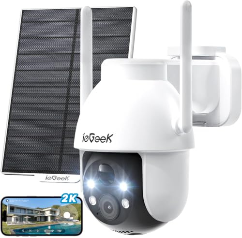 ieGeek 3MP Camara Vigilancia WiFi Exterior Solar con Bateria Sin Cables, Camara Vigilancia Exterior Solar Visión Nocturna Color, PTZ 360° App Remoto, Humana Detección, IP65, Voz Bidireccional
