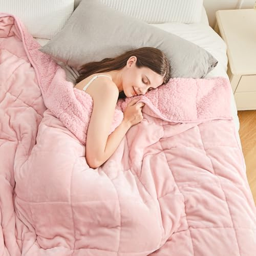 Cottonblue Gewichtsdecke 150x200cm 7kg- Sherpa Fleece Entspannungsdecke Erwachsene Zur Verbesserung des Schlaf Weighted Blanket - Gemütlich Calm Decken mit Das Glas Perlen, Rosa
