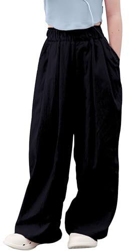 Maeau - Pantalon Cargo Niñas Pantalones Largos Sueltos Y2K Pantalones Rectos Anchos Casual Ligero Cómodo Cintura Elástica Pantalón Jazz - Negro - 12-14 Años