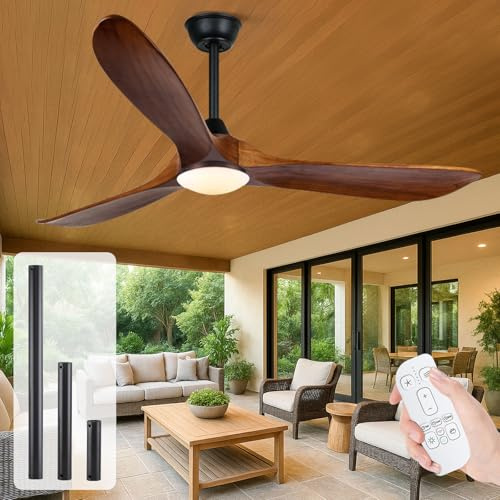 OUENGK Ventilador de techo de madera de 52 pulgadas con luz y mando a distancia, ventilador de techo moderno para exteriores con motor de CC silencioso, 132 cm