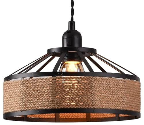 Metal & Rope Pendant Light Shade,30cm Retro Hemp Rope Black Ceiling Lampshade with Reducer Ring Pendant Lamp Shade for Living Room, Bedroom, Kitchen, Hallways & Floor Lamp