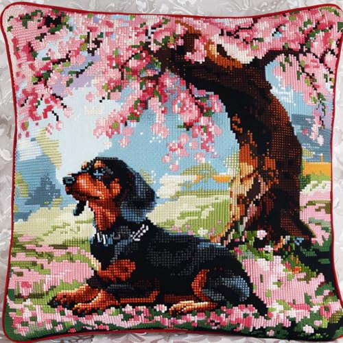 RKFLGEW DIY knüpfen set anfänger Dackel Tier knüpfkissen mit vordruck Hund und rosa blühender Baum DIY Knüpfkissen-Set，Anfänger，Erwachsene，Teenager，Geschenk，Stickerei，Heimdekoration，Knüpfha 43x43cm