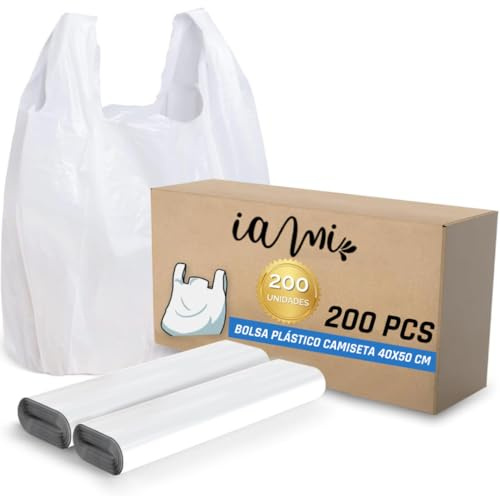 IAMI Bolsas de Plastico con Asas - Tamaño 40x50 - Aptas para Uso Alimentario - Paquete con 200 Bolsas de Asas Tipo Camiseta - Super Resistentes - Doble Refuerzo