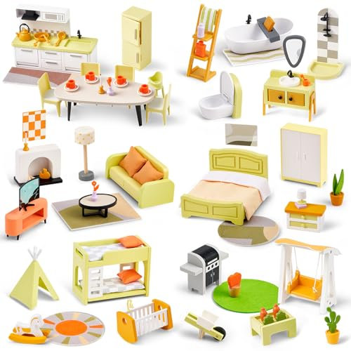 Giant bean Puppenhaus Möbel Holz Set, 85pcs Modernes Puppenhaus mit 6 Zimmern, Puppen Zubehör Spielzeug für Jungen, Mädchen und Kleinkinder 3+ Jahren