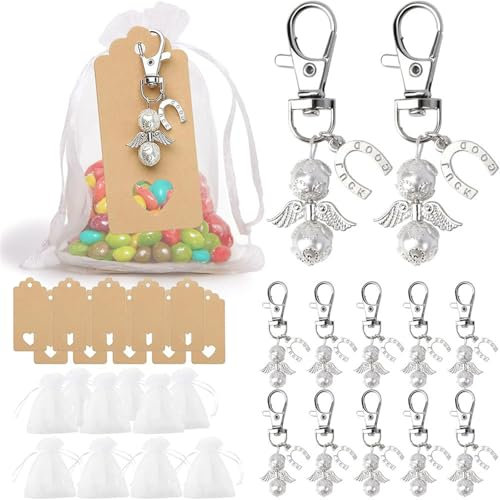 CPRNQY 10 Stück Schutzengel Schlüsselanhänger, Geschenk Mit Organza Beutel Kraftpapier Anhänger für Hochzeit, Taufe, Weihnachten, Geburtstag, Abschied