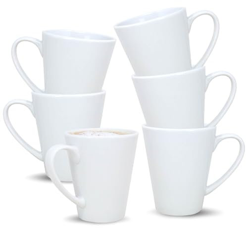UNIQUE HOME LIVING Coffee Mug Set of 6, 340ml White Porcelain Coffee Mugs for Milk Hot Cocoa Latte Coffee Cups with Handle, Tea Mugs, Microwave and Dishwasher Safe
