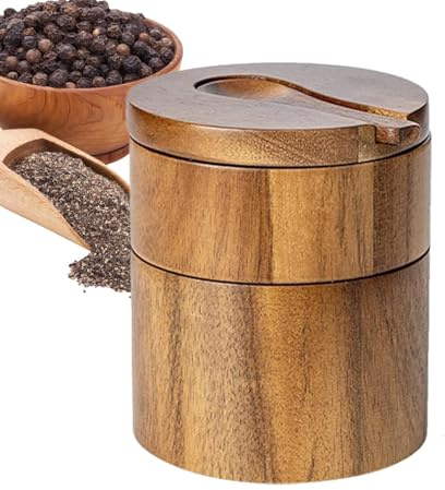 Acunny Wooden Salt Box, Wooden Salt Container - Acacia Wood Sea Storage Box, Double Layer, Round Salt and Pepper Box, Salt Cellar Bowl, Salt Container, Kitchen Salt Container for Spices